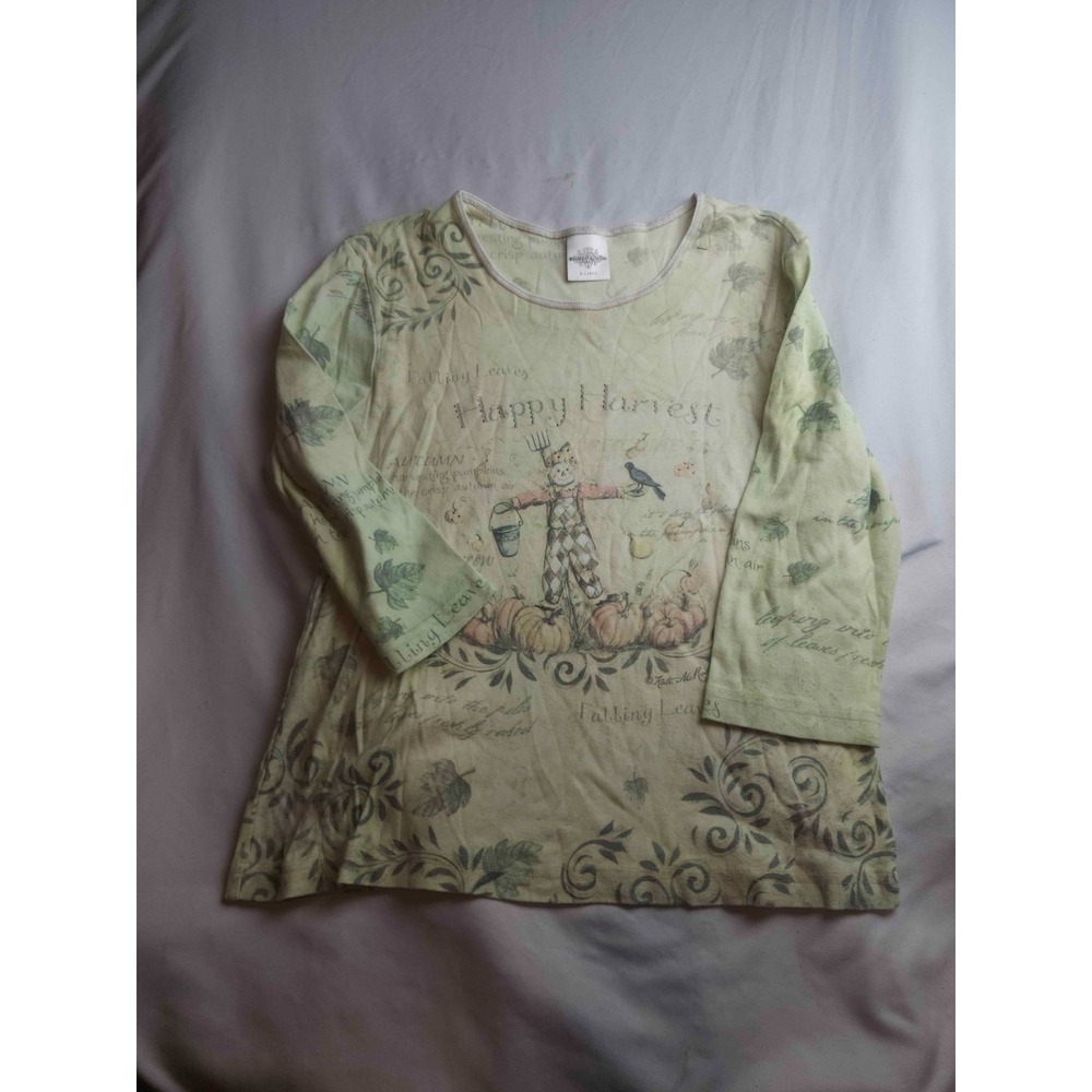 Studio Collection Top Womens Size XL Green Happy Harvest Scarecrow Knit Fall Tee